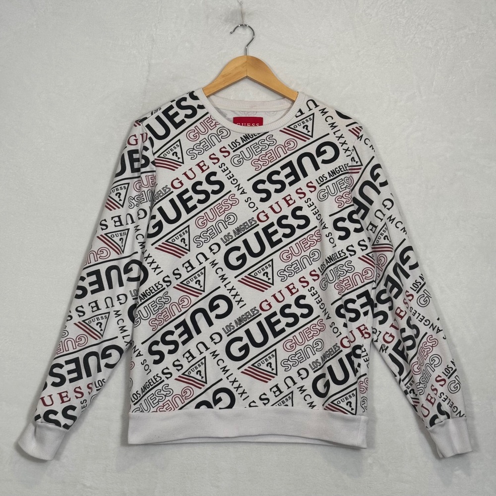Guess White All Over Print Logo Sweatshirt Medium